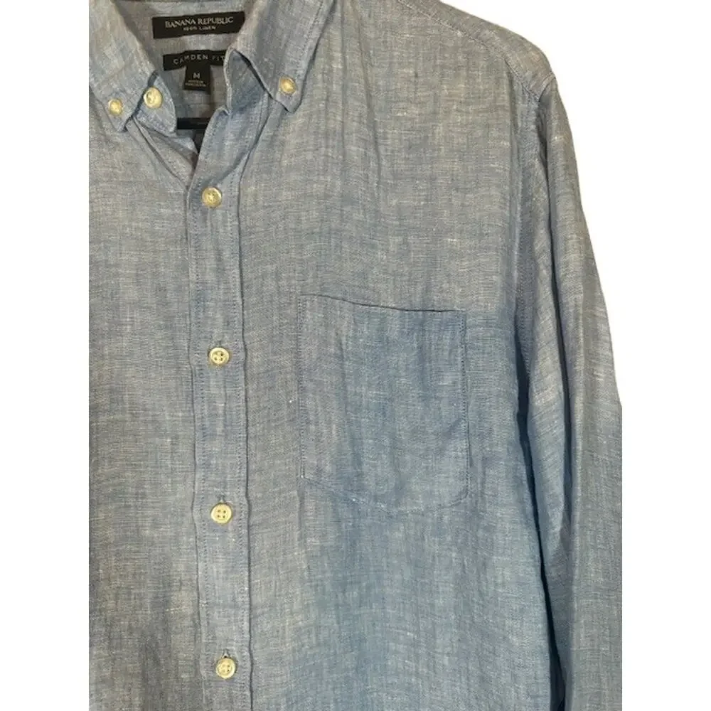 Banana Republic Camden Fit Blue Linen Button Front Shirt Long Sleeve Men Sz Med